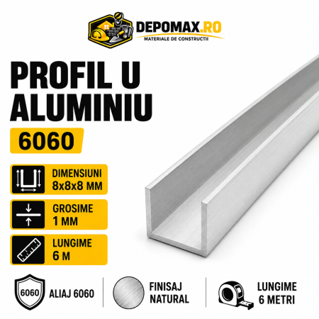Profil U aluminiu 8 x 8 x 8 x 1 mm, 6 metri